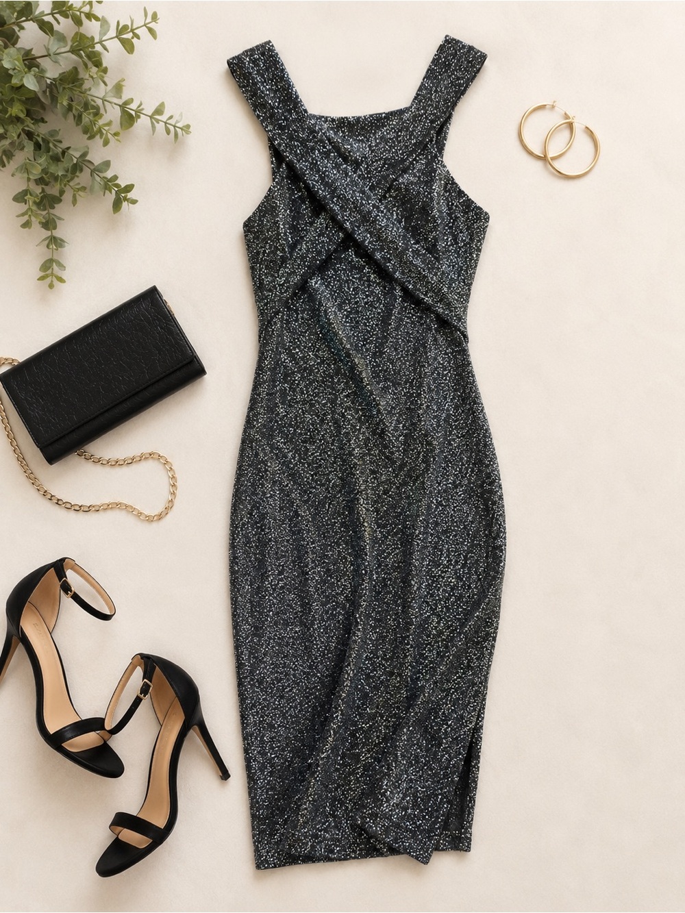 CBR Black Sparkle Cross-Front Midi Dress